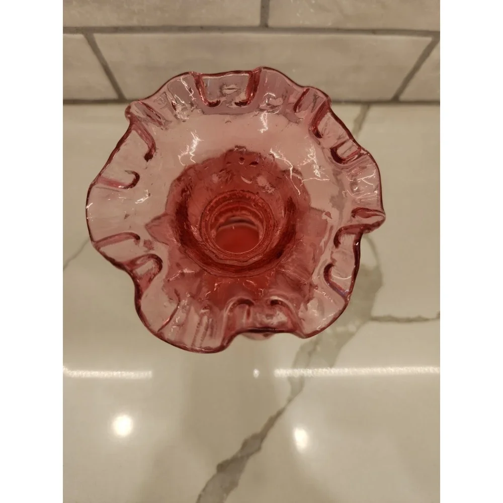 Vtg Fenton Glass Cranberry Diamond Optic 6 Inch Tall Ruffled Edge Melon‎ Vase
